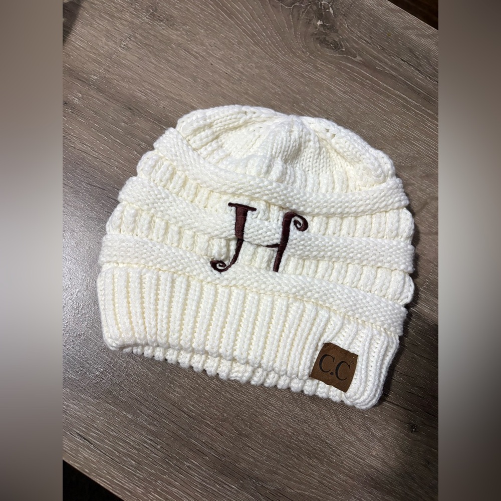 CC Cream Knit Beanie with Brown “H” Monogram